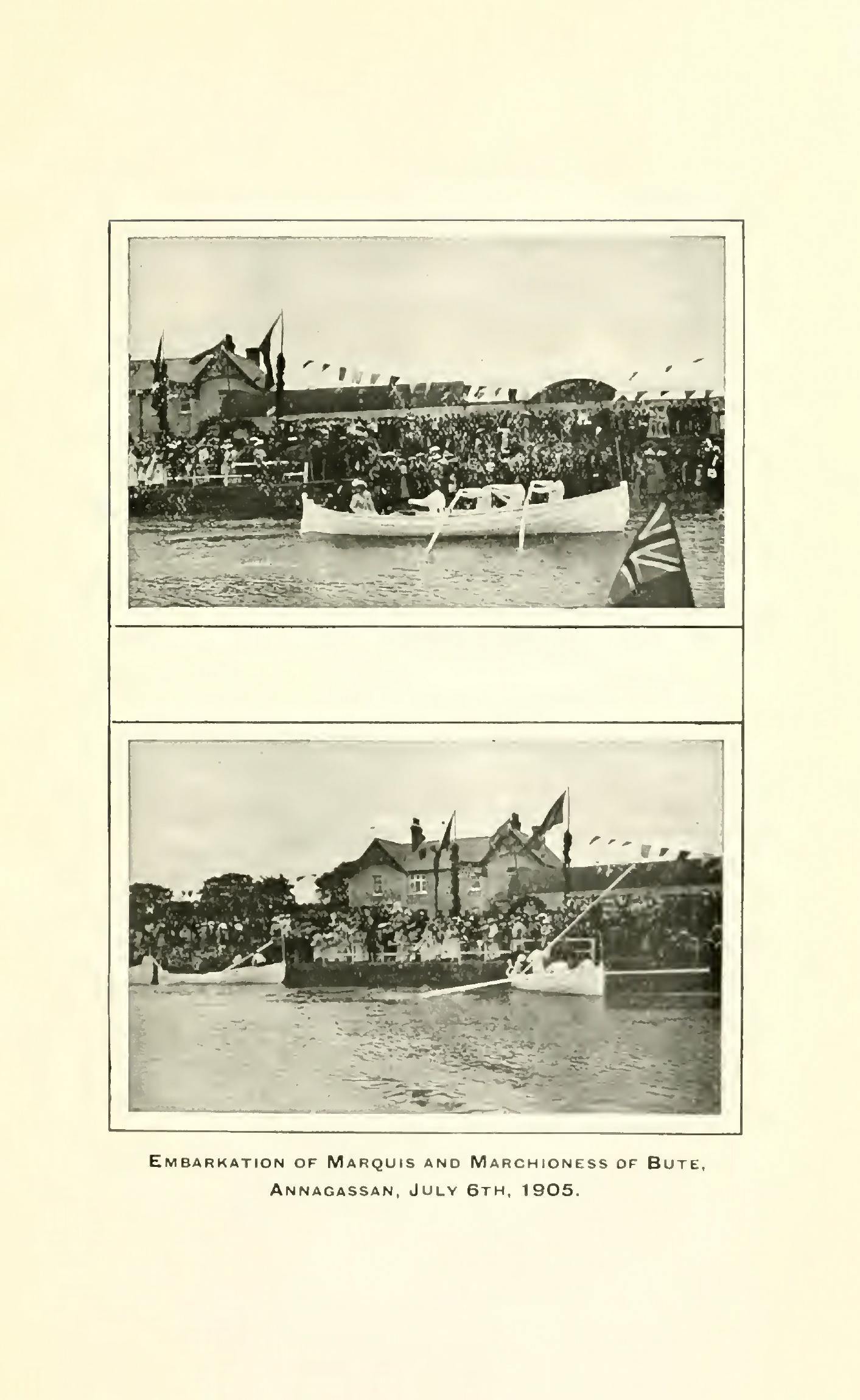 Embarkation of Marquis and Marchioness of Bute. Annagassen, July 6, 1905. in: James Blennerhassett Leslie. 1908. History of Kilsaran Union of Parishes in the County of Louth. Dundalk: William Tempest.