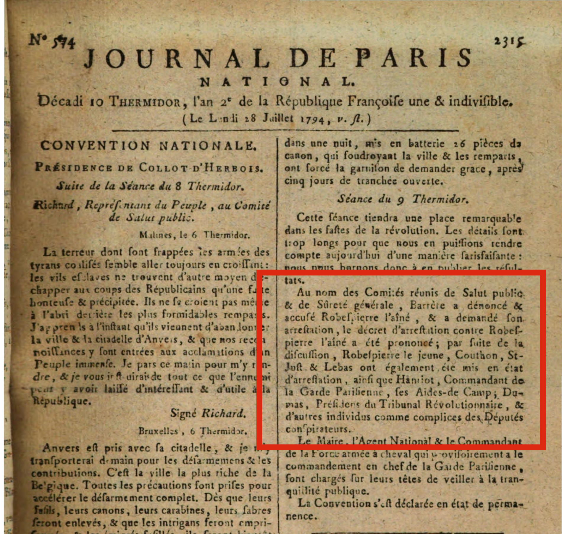 Robespierre's arrest, Journal de Paris, 28 July 1794