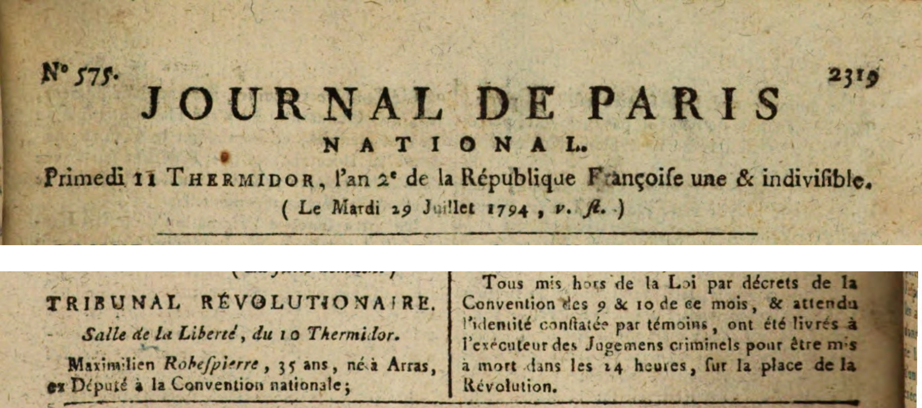 Robespierre's execution, Journal de Paris, 29 July 1794